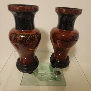 SET OF 2 VINTAGE CHINESE/ORIENTAL BLACK LACQUERED PAINTED SUNRISE CRANES VASE